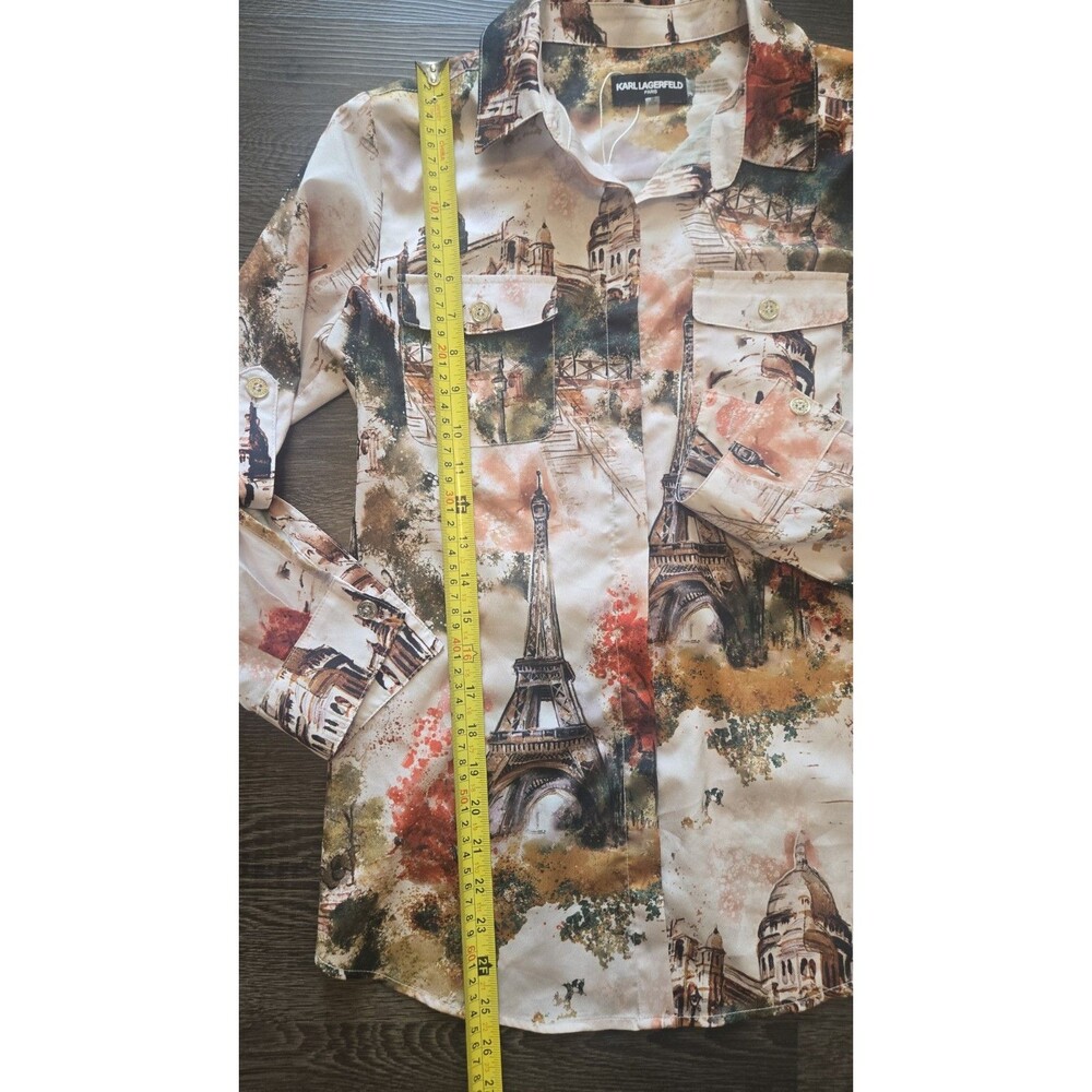 Karl Lagerfeld Paris Women's L Satin Polyester Button-Up Shirt Paris Graphic - Picture 4 of 8